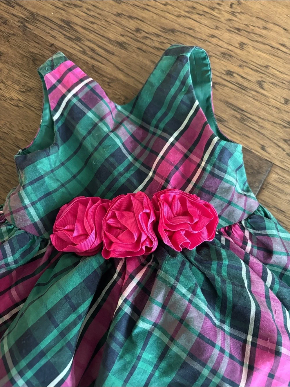 Girls’ Silk-Blend Plaid Party Dress with Pink Rosette Waist